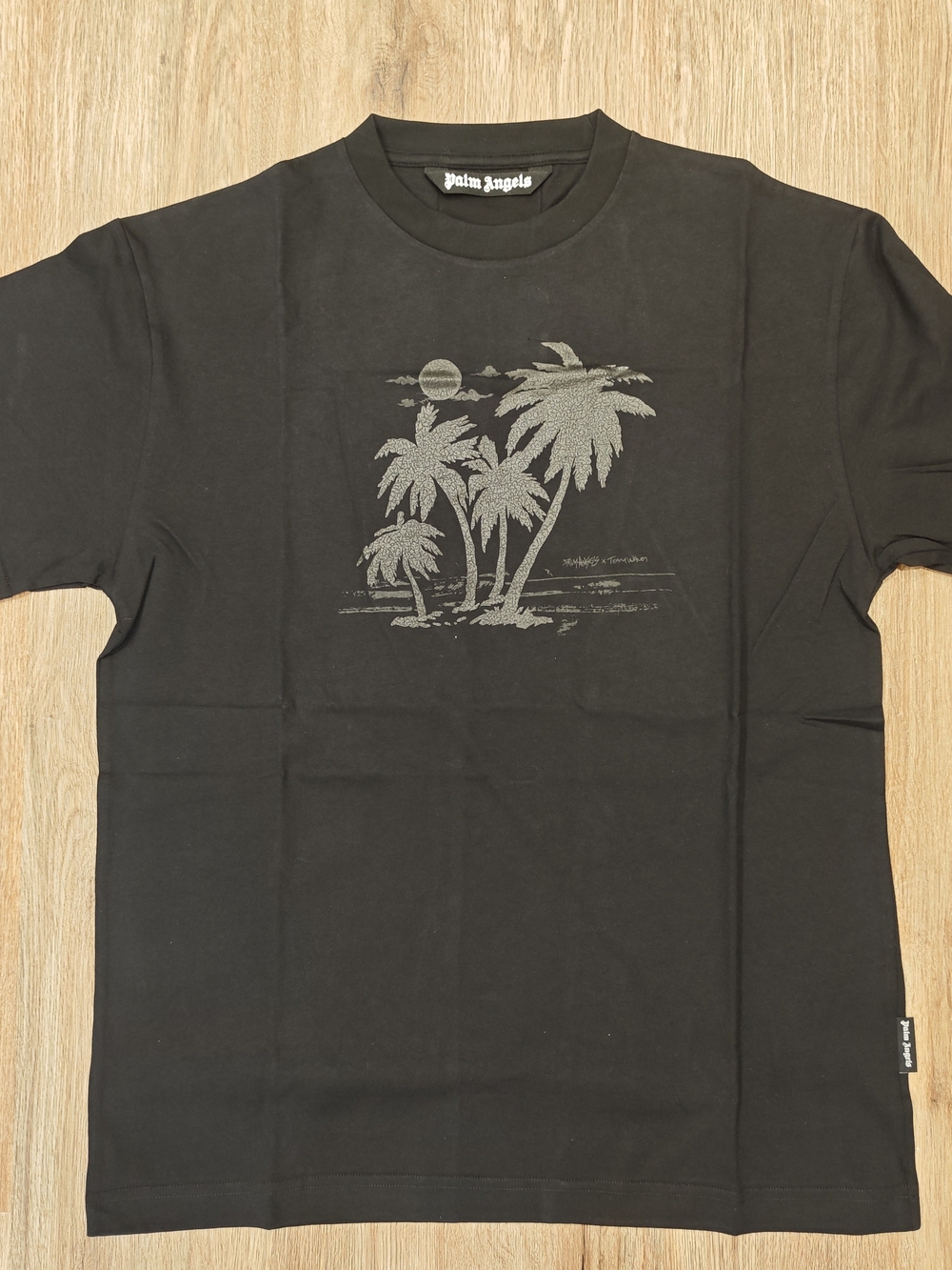 Palm Angels Black Tee with Silver Palm Tree Graphic